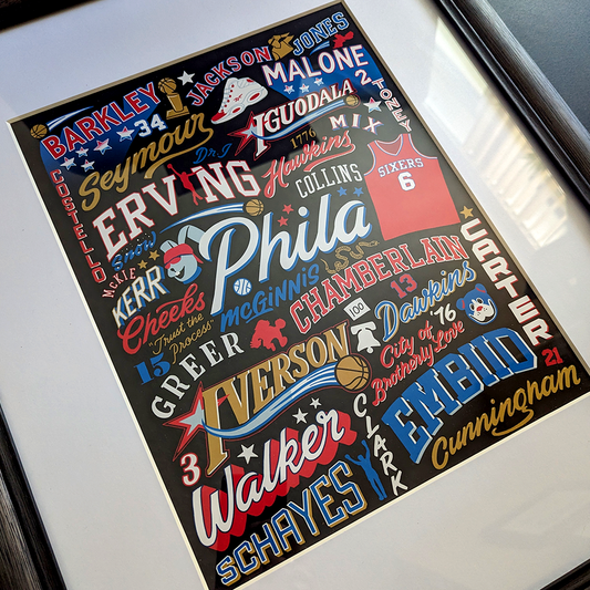 Philadelphia 76ers Legends Lettering Collage Poster