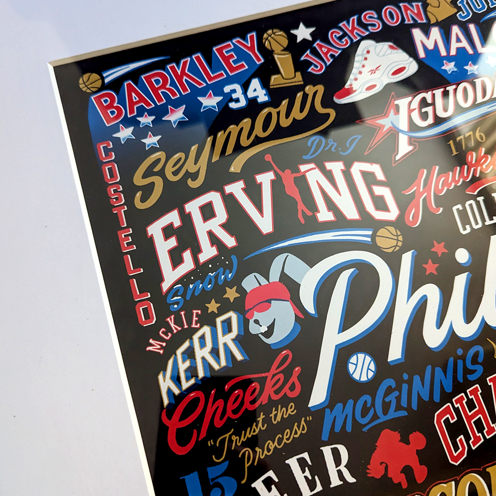 Philadelphia 76ers Legends Lettering Collage Poster