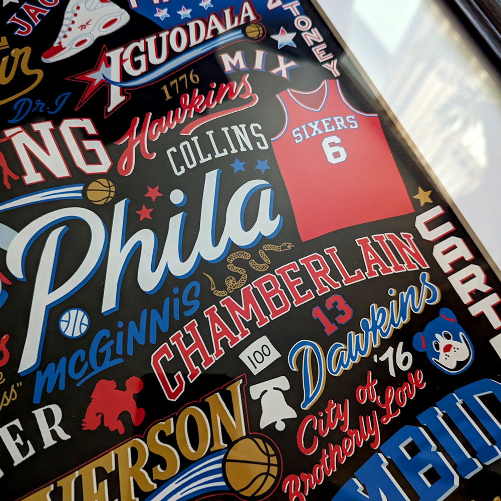 Philadelphia 76ers Legends Lettering Collage Poster