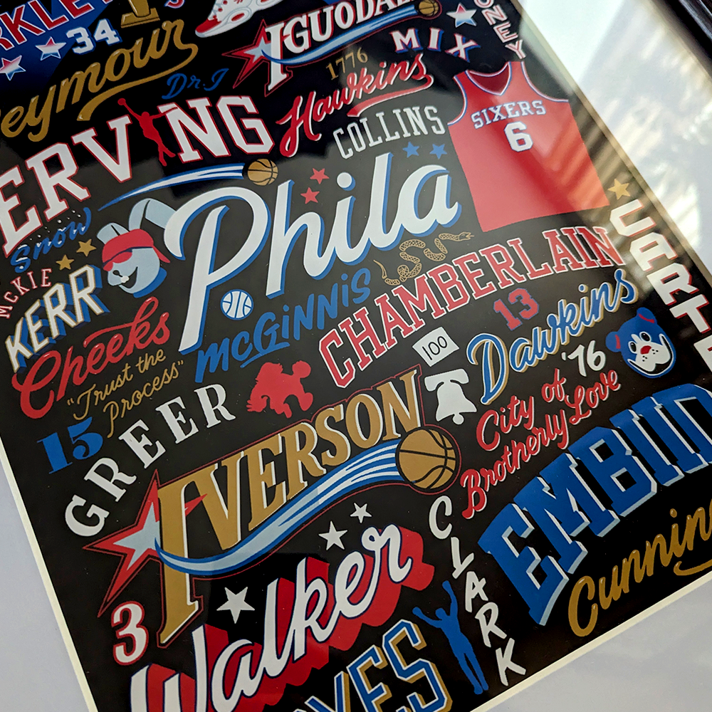 Philadelphia 76ers Legends Lettering Collage Poster