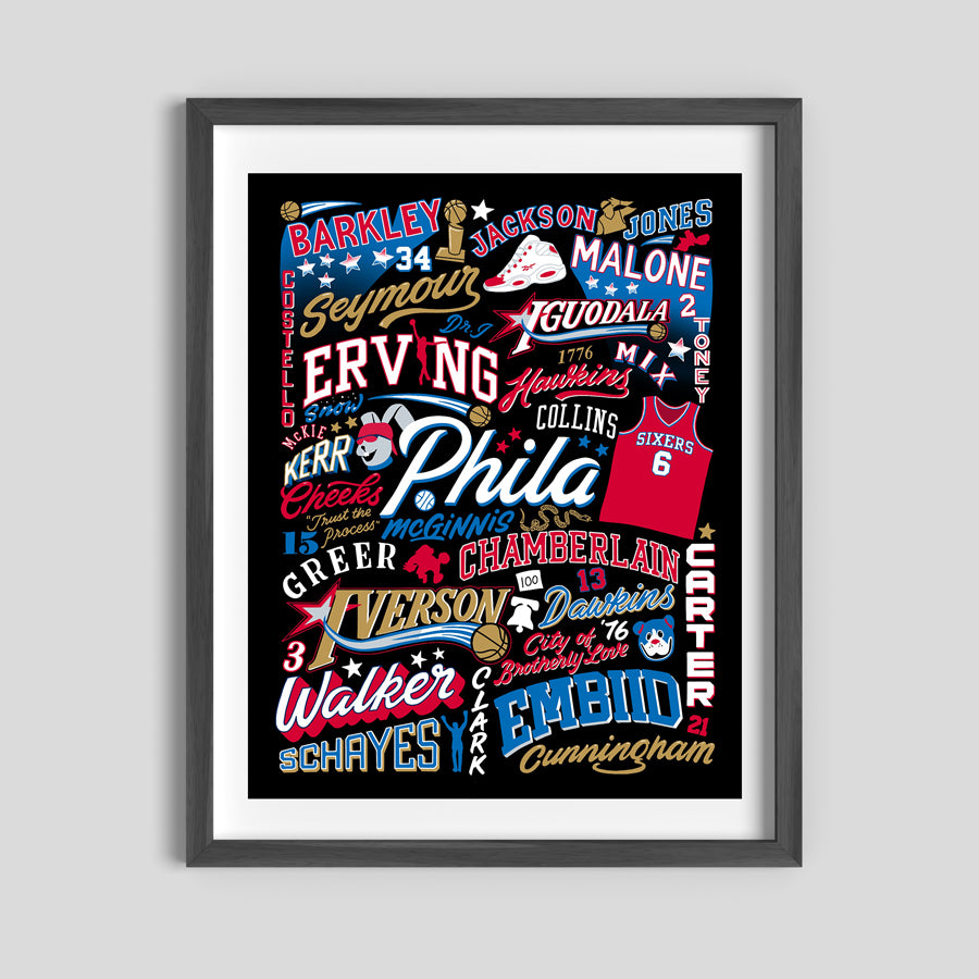 Philadelphia 76ers Legends Lettering Collage Poster